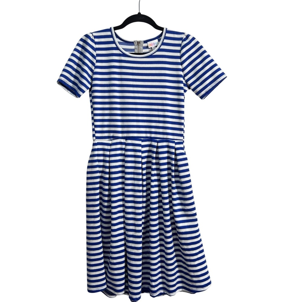 Lularoe Amelia Blue, Gray With White Stripe Dress Size Medium NWT Nautical Vacay